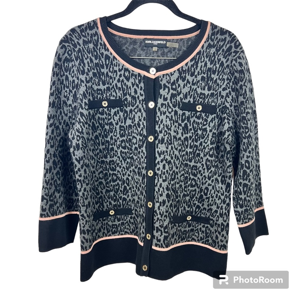 Karl Lagerfeld Paris Women’s Black and Gray Leopard Print Button Down Sweater L